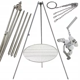    Treppiede per griglia da giardino 250cm in acciaio inox + griglia 90cm + mulinello + corda INOX
