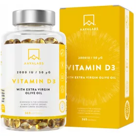   Vitamina D3 2000 IU con Olio Extra Vergine di Oliva - Supporto Immunitario - 365 Capsule