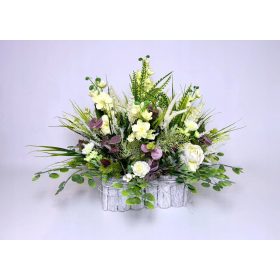   "Giardino Campestre" - Composizione Floreale in Contenitore Sbiancato di Corteccia