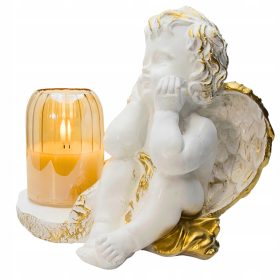  Angioletto Pensieroso in Bianco e Oro con Candela LED - Decorazione Elegante per Tombe