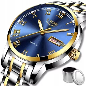    LIGE Orologio da uomo in acciaio al quarzo con bracciale datario