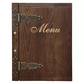  COPERTINA A4 SCHEDA MENU IN LEGNO CON ALLESTIMENTI PER MENU RISTORANTE